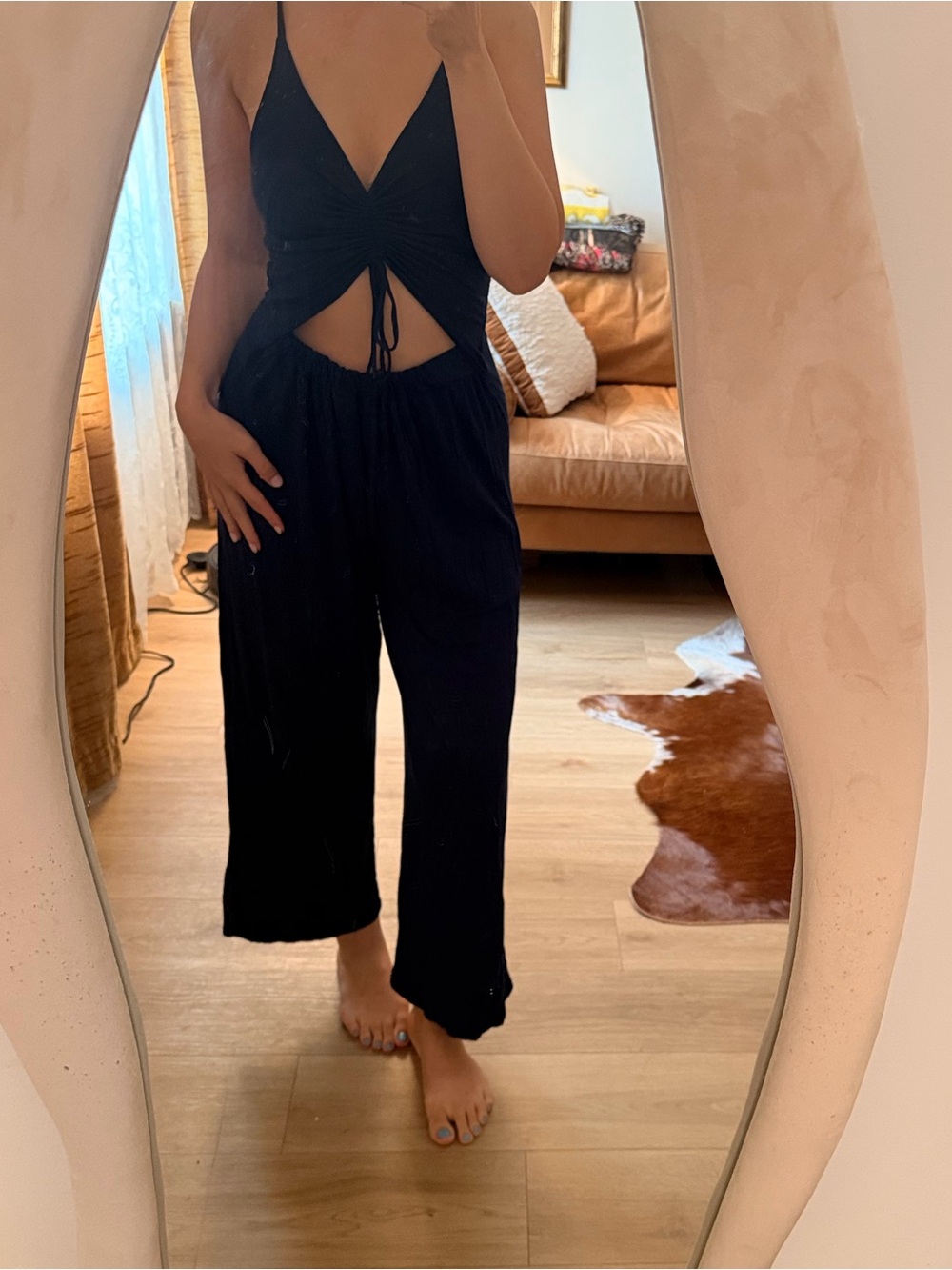 Women's Navy Cutout Jumpsuit with Spaghetti Straps